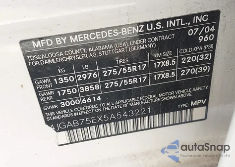 2005 Mercedes-Benz Ml 500 4Matic из США, поврежденный, VIN 4JGAB75EX5A543221